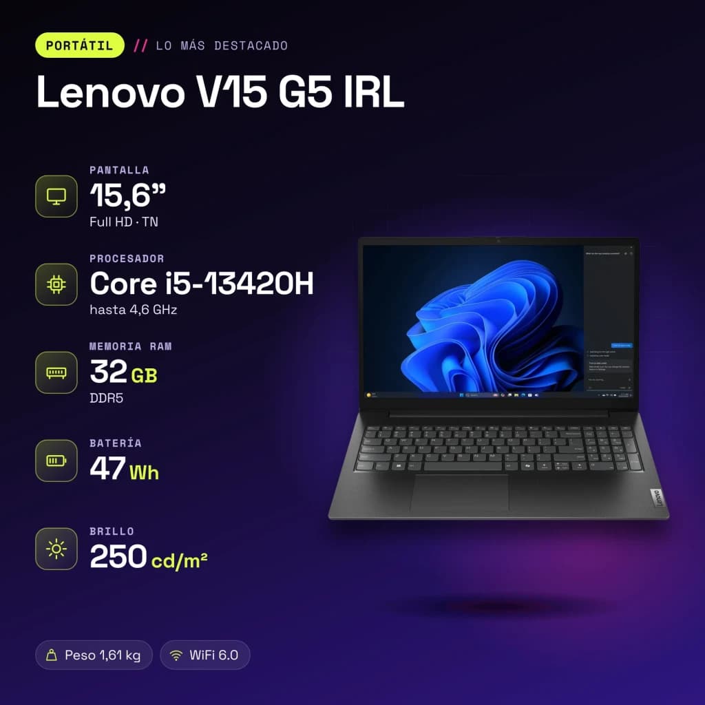 PC portable Lenovo V15 G5 IRL 32 Go/512 Go 15,6 pouces FHD Intel Core i5-13420H SSD NVMe PCIe 4.0 Windows 11 Home Noir - caractéristiques