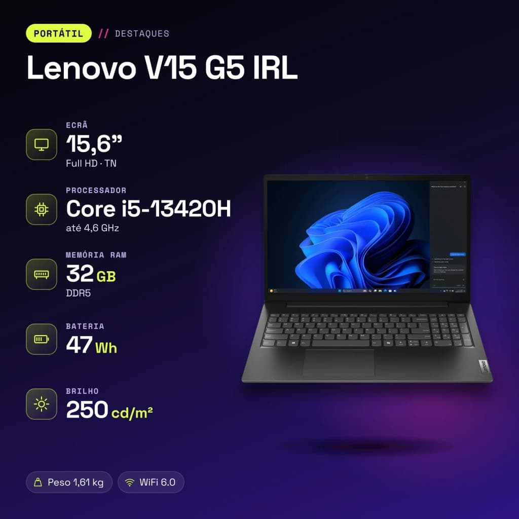 PC portable Lenovo V15 G5 IRL 32 Go/512 Go 15,6 pouces FHD Intel Core i5-13420H SSD NVMe PCIe 4.0 Windows 11 Home Noir - caractéristiques