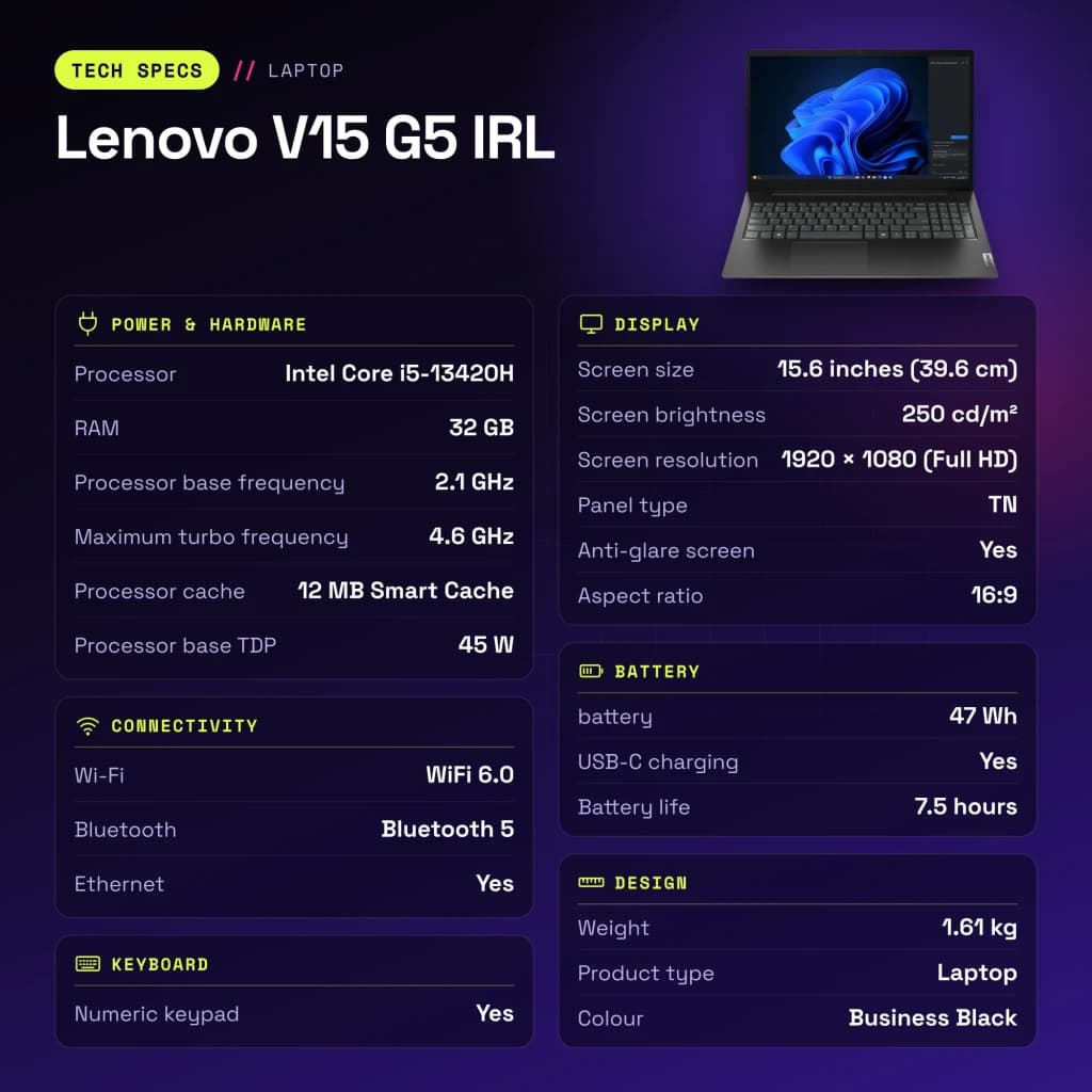 PC portable Lenovo V15 G5 IRL 32 Go/512 Go 15,6 pouces FHD Intel Core i5-13420H SSD NVMe PCIe 4.0 Windows 11 Home Noir - caractéristiques