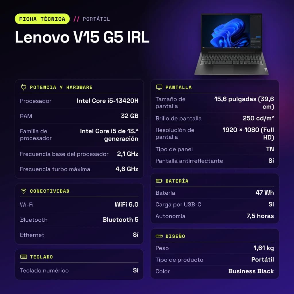 PC portable Lenovo V15 G5 IRL 32 Go/512 Go 15,6 pouces FHD Intel Core i5-13420H SSD NVMe PCIe 4.0 Windows 11 Home Noir - caractéristiques
