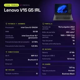 PC portable Lenovo V15 G5 IRL 32 Go/512 Go 15,6 pouces FHD Intel Core i5-13420H SSD NVMe PCIe 4.0 Windows 11 Home Noir - caractéristiques
