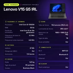 PC portable Lenovo V15 G5 IRL 32 Go/512 Go 15,6 pouces FHD Intel Core i5-13420H SSD NVMe PCIe 4.0 Windows 11 Home Noir - caractéristiques