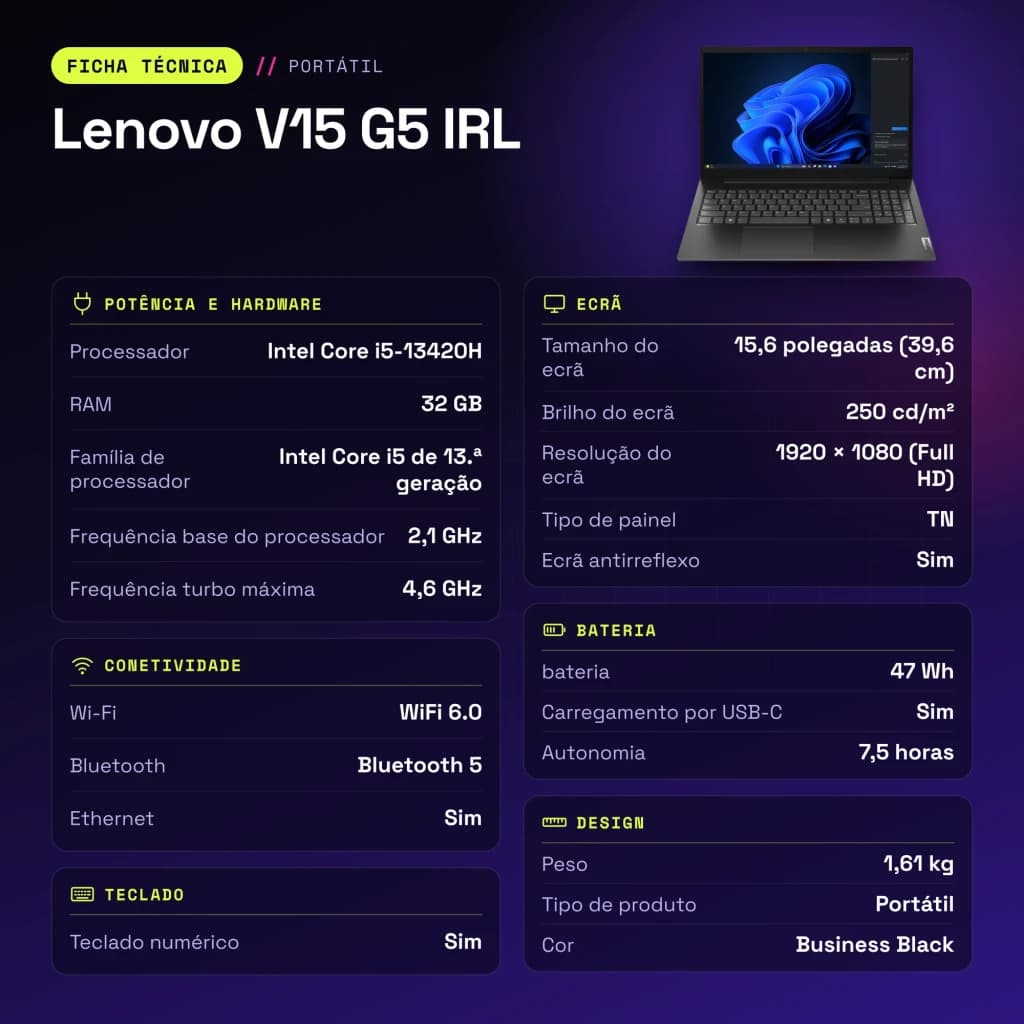 PC portable Lenovo V15 G5 IRL 32 Go/512 Go 15,6 pouces FHD Intel Core i5-13420H SSD NVMe PCIe 4.0 Windows 11 Home Noir - caractéristiques