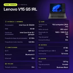 PC portable Lenovo V15 G5 IRL 32 Go/512 Go 15,6 pouces FHD Intel Core i5-13420H SSD NVMe PCIe 4.0 Windows 11 Home Noir - caractéristiques