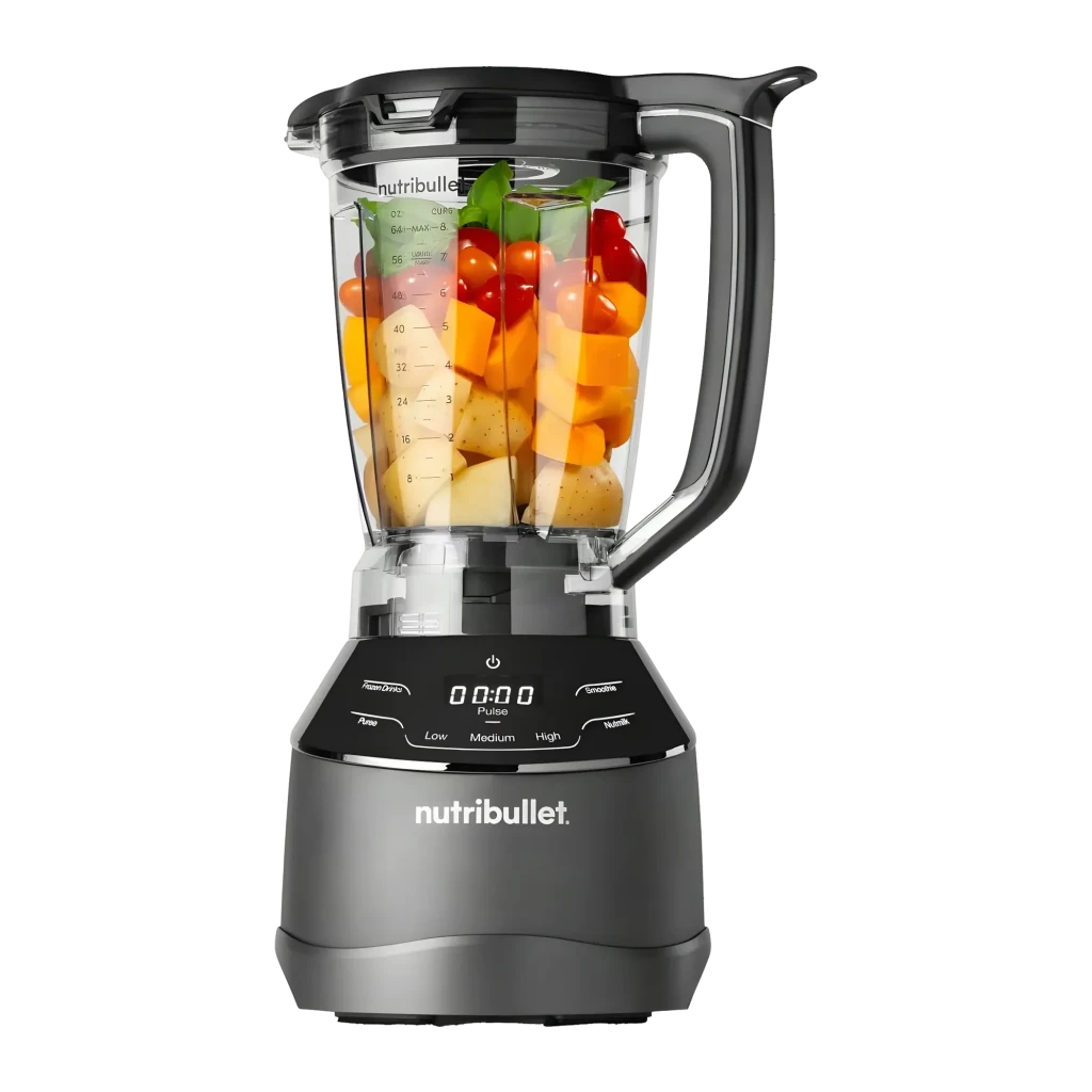 Blender et robot NutriBullet Triple Prep System 1,8L 1500W 4 vitesses Noir NBF580B, détail: bol transparent rempli de fruits