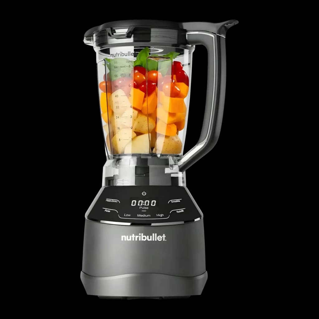 Blender et robot NutriBullet Triple Prep System 1,8L 1500W 4 vitesses Noir NBF580B, détail: bol transparent rempli de fruits