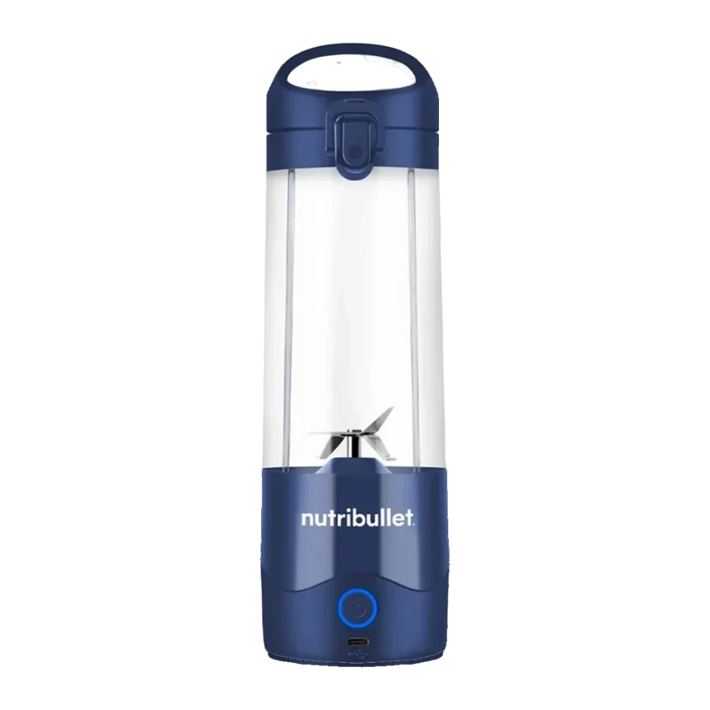 Blender portable NutriBullet 475ml Bleu NBP003NBL, vue de face: bol transparent, lames, base bleue avec logo, bouton marche