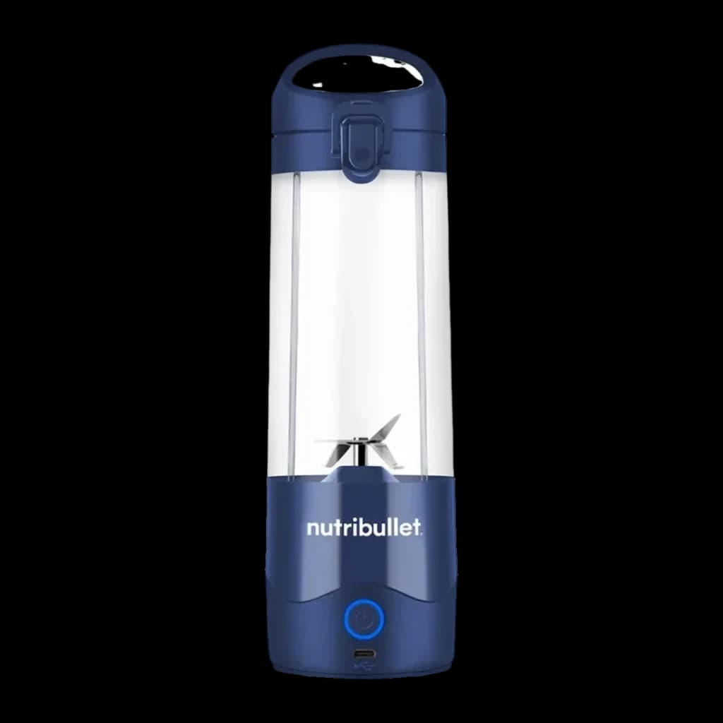 Blender portable NutriBullet 475ml Bleu NBP003NBL, vue de face: bol transparent, lames, base bleue avec logo, bouton marche