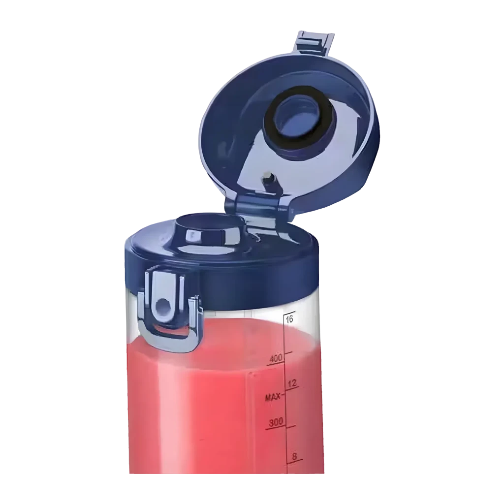 Blender portable NutriBullet 475ml Bleu NBP003NBL, détail: couvercle rabattable ouvert et graduation avec smoothie rouge