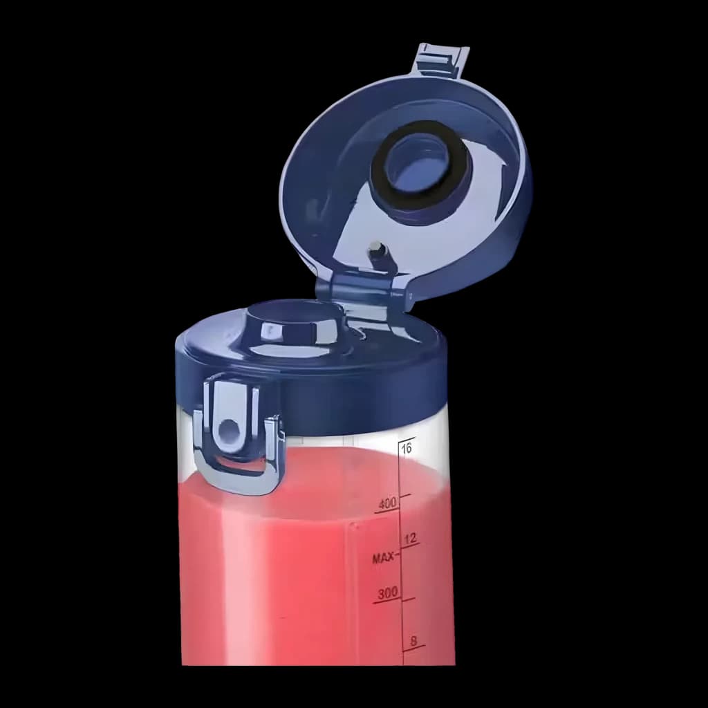 Blender portable NutriBullet 475ml Bleu NBP003NBL, détail: couvercle rabattable ouvert et graduation avec smoothie rouge