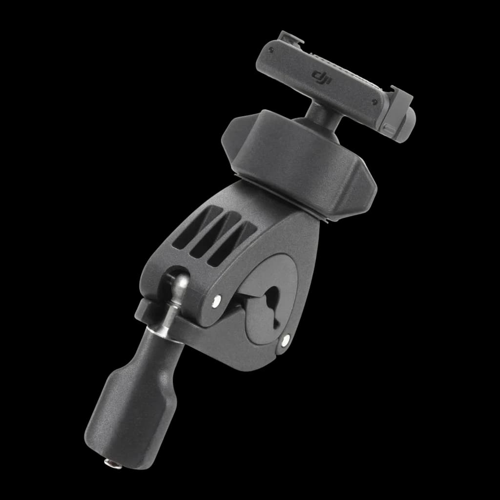 Soporte de manillar DJI Osmo Action Mini Handlebar Mount Negro, vista frontal: abrazadera, rótula ajustable y zapata