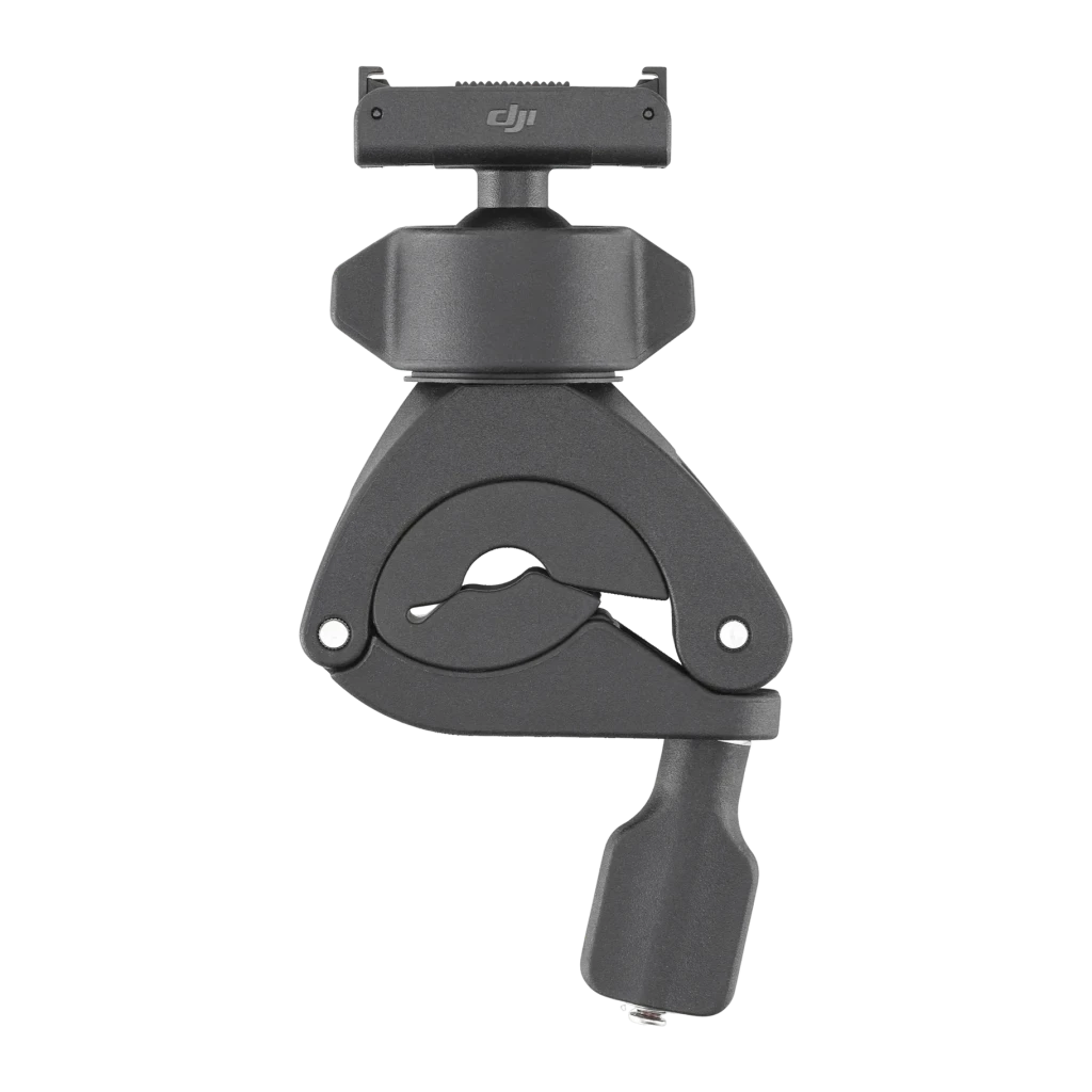 Soporte de manillar DJI Osmo Action Mini Handlebar Mount Negro, detalle: abrazadera circular, rótula articulada y zapata DJI