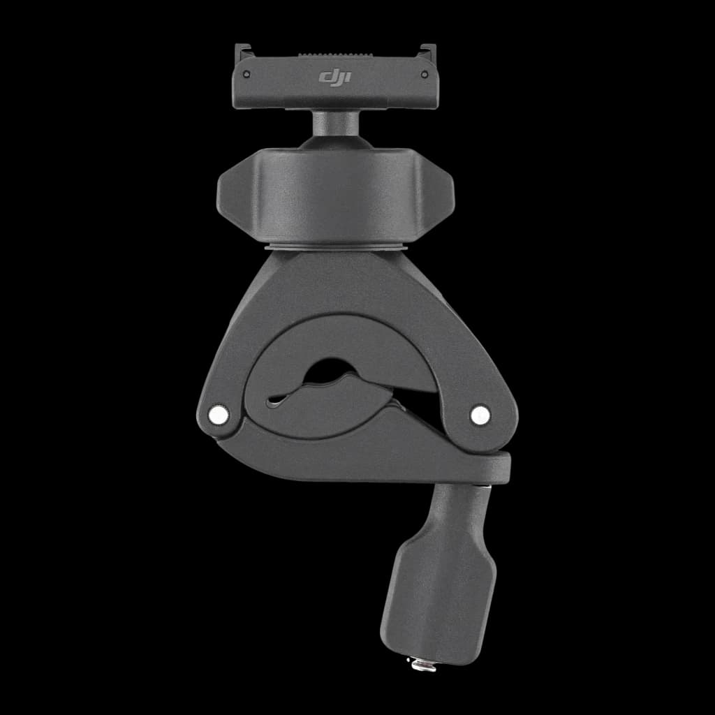 Soporte de manillar DJI Osmo Action Mini Handlebar Mount Negro, detalle: abrazadera circular, rótula articulada y zapata DJI
