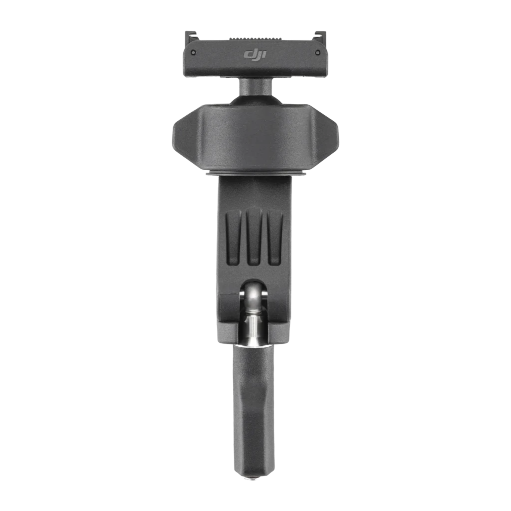 Soporte de manillar DJI Osmo Action Mini Handlebar Mount Negro, detalle frontal: clip superior con logo DJI, cabeza