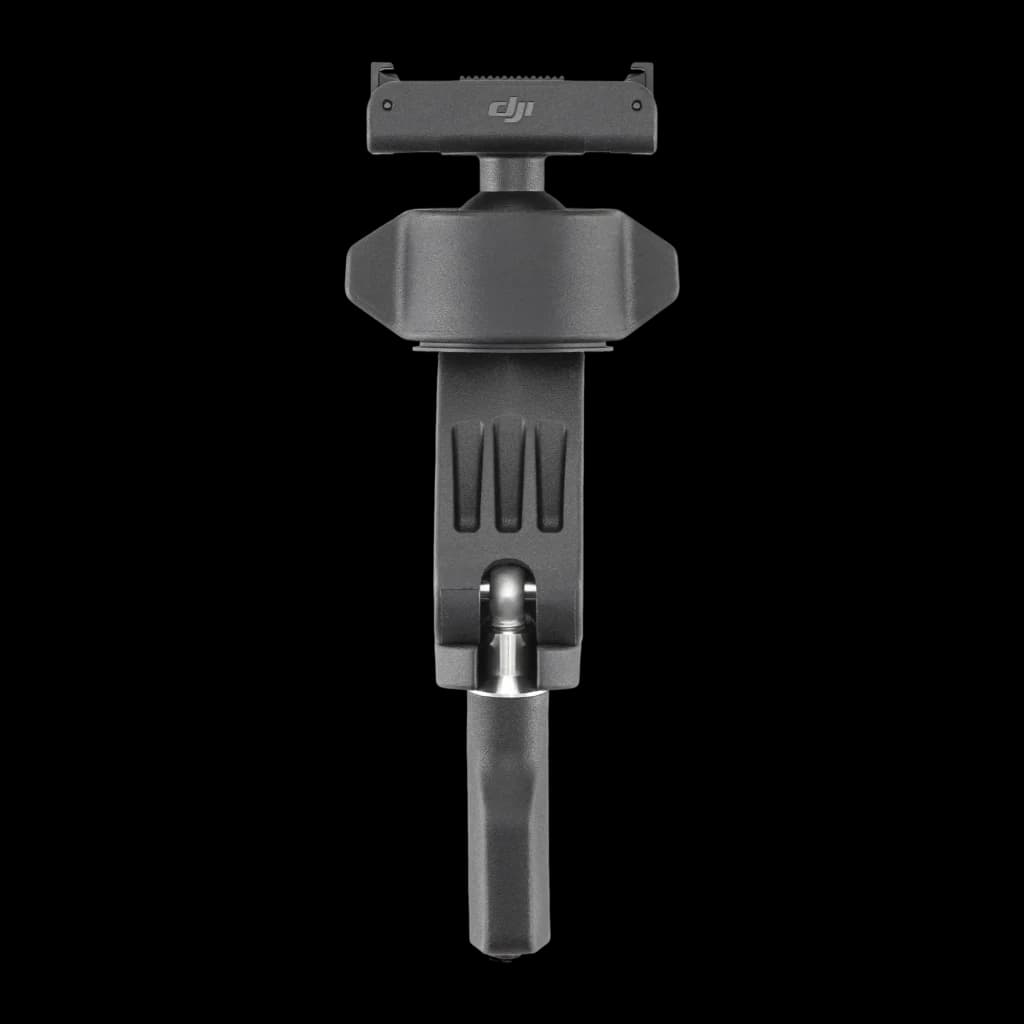 Soporte de manillar DJI Osmo Action Mini Handlebar Mount Negro, detalle frontal: clip superior con logo DJI, cabeza