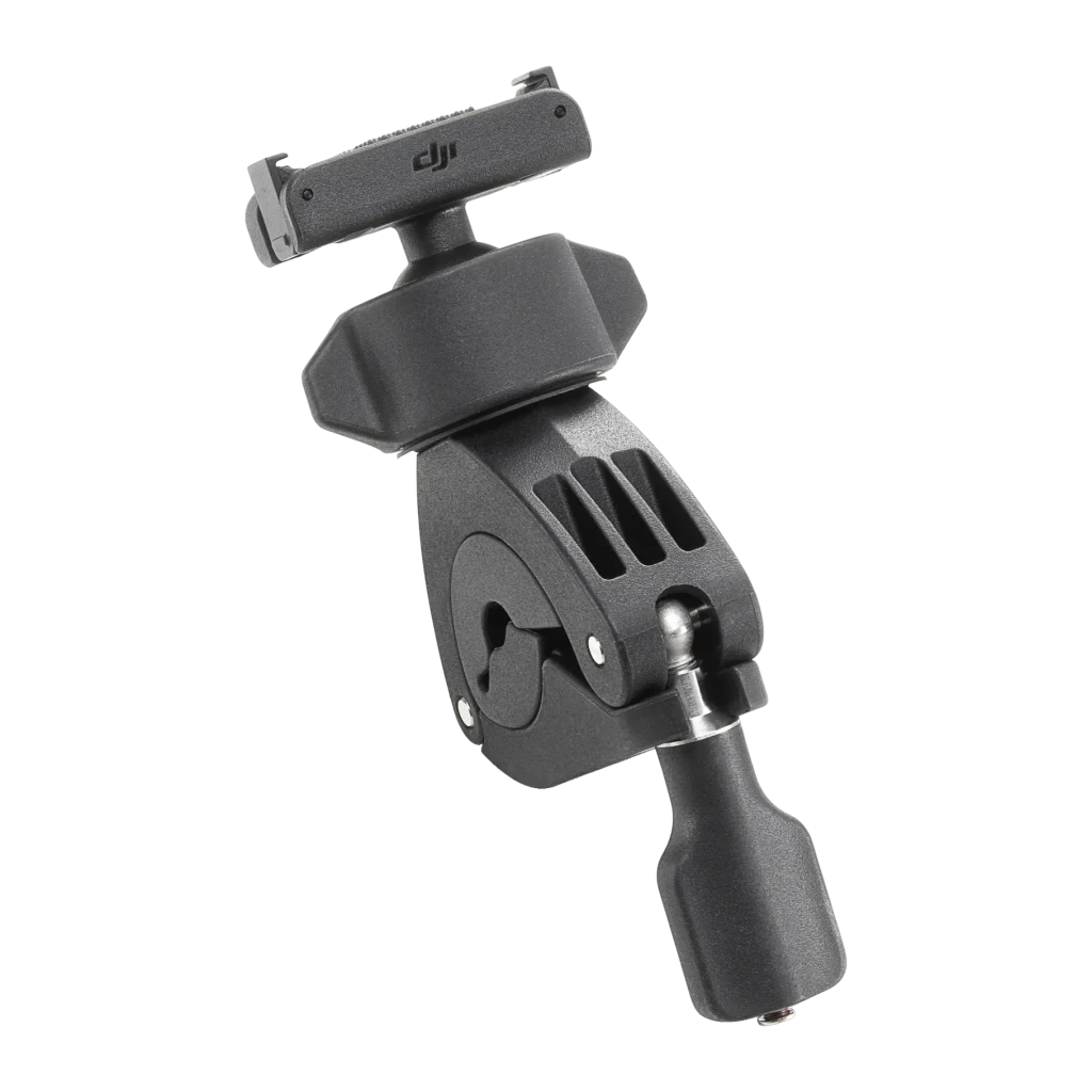 Soporte de manillar DJI Osmo Action Mini Handlebar Mount Negro, detalle: articulación giratoria, ranuras de ventilación