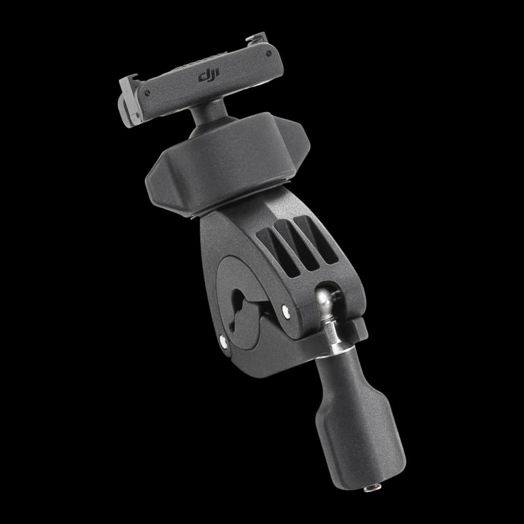 Soporte de manillar DJI Osmo Action Mini Handlebar Mount Negro, detalle: articulación giratoria, ranuras de ventilación