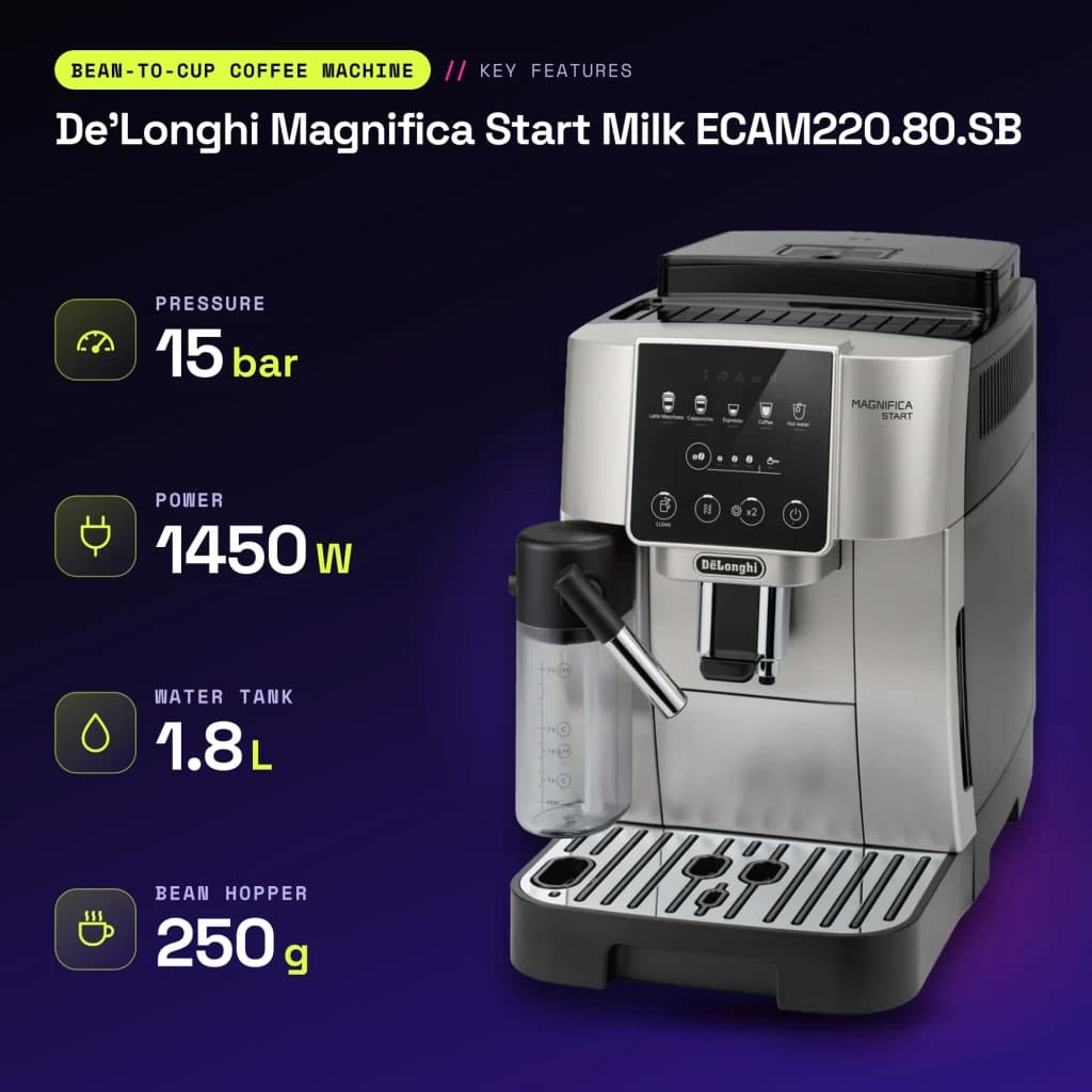 Máquina de café superautomática De'Longhi Magnifica Start Milk 1,8L Moinho integrado Prata ECAM220.80.SB - características