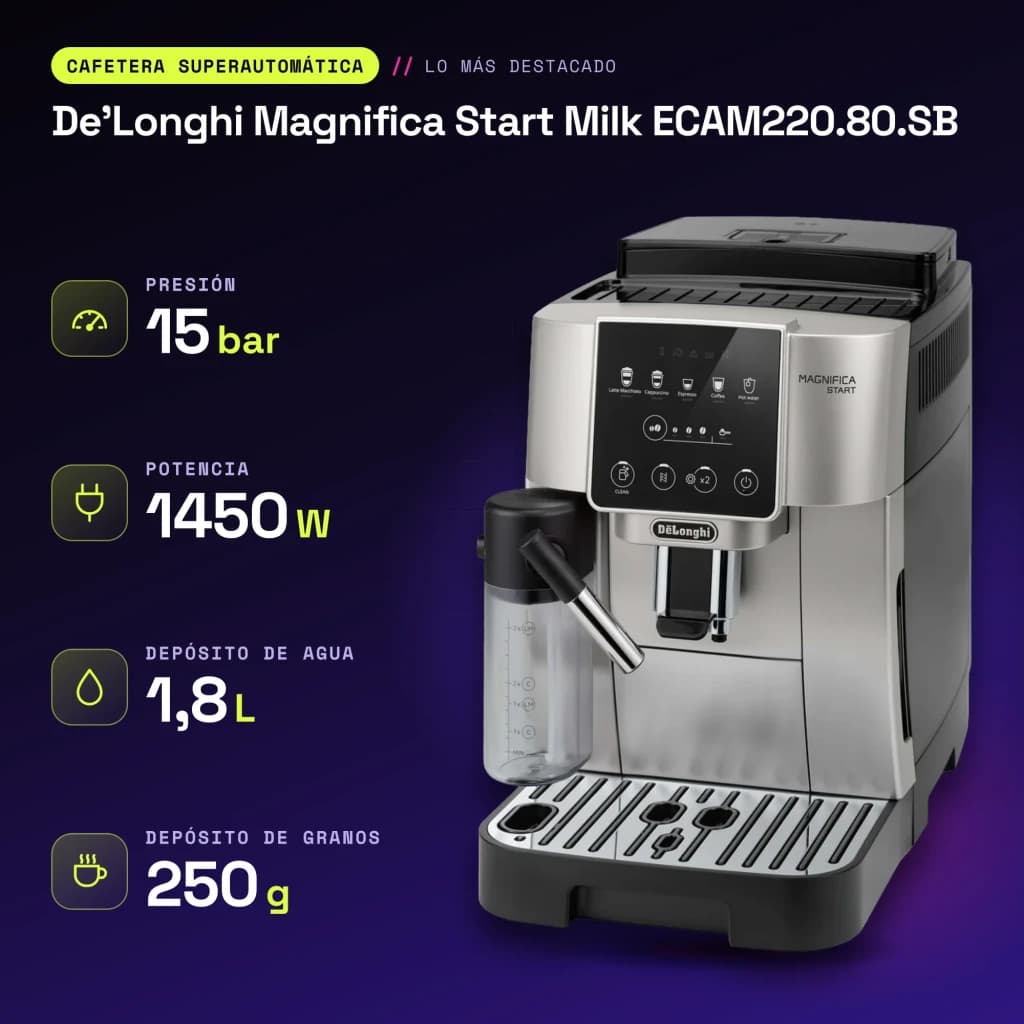 Máquina de café superautomática De'Longhi Magnifica Start Milk 1,8L Moinho integrado Prata ECAM220.80.SB - características
