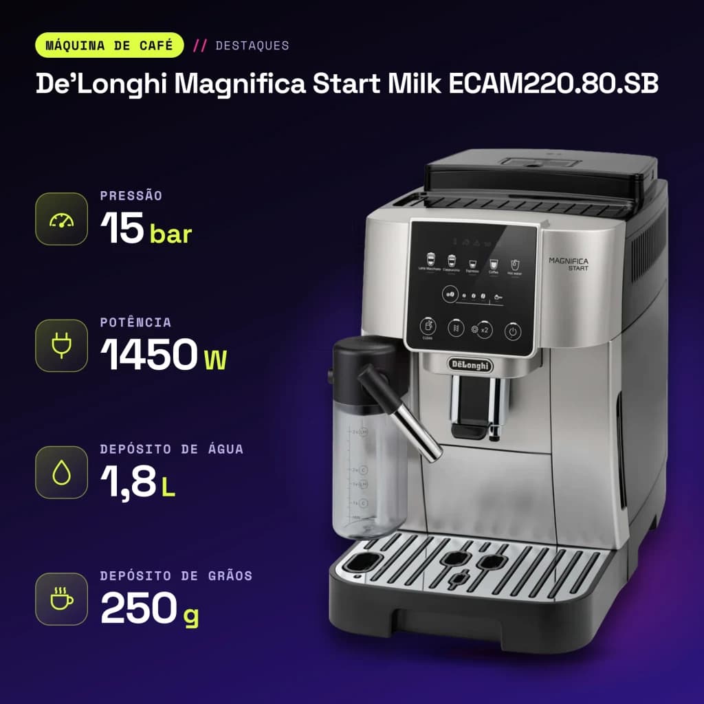 Máquina de café superautomática De'Longhi Magnifica Start Milk 1,8L Moinho integrado Prata ECAM220.80.SB - características