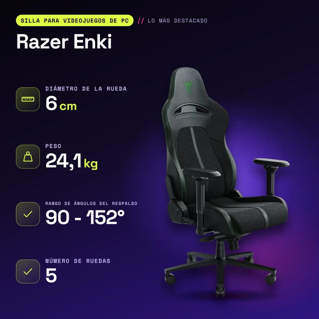 Chaise Gaming Razer Enki Noir/Vert Cuir Synthétique 4D 136kg - caractéristiques
