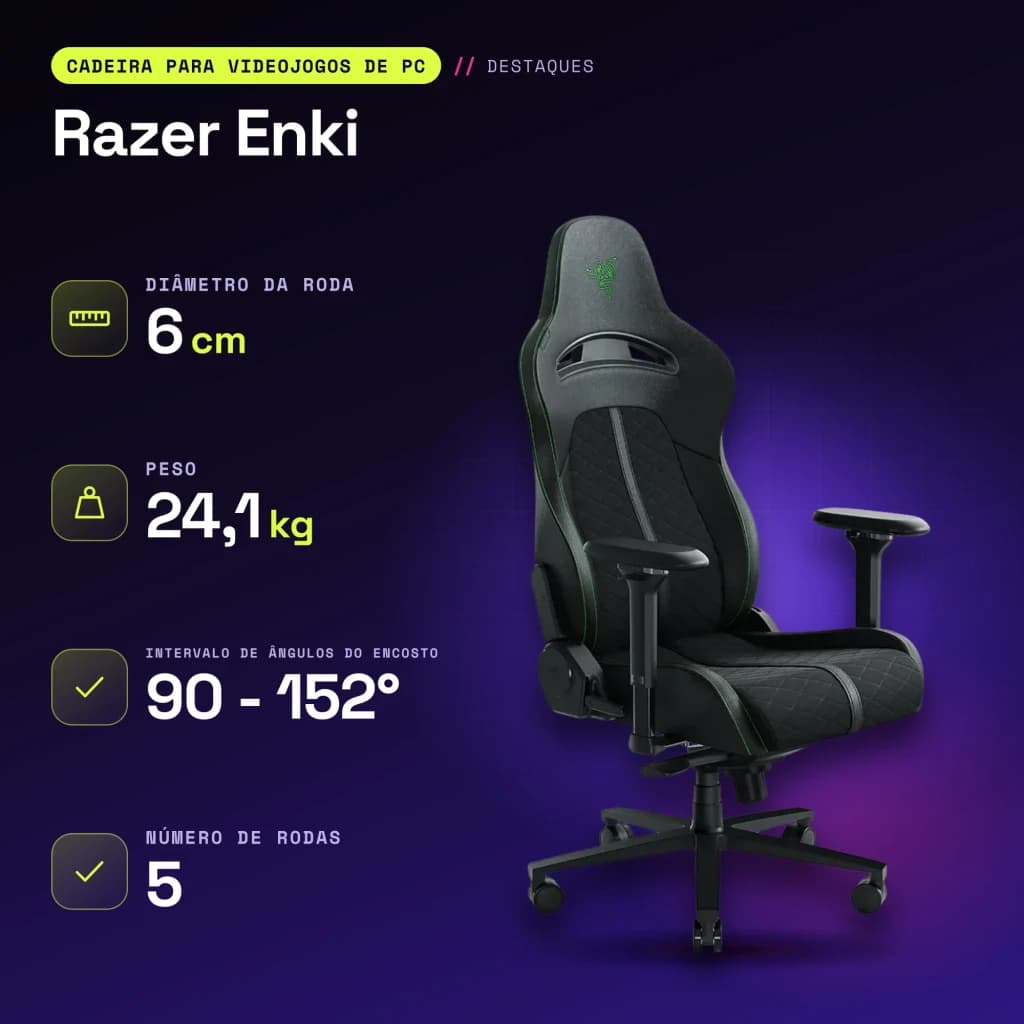 Chaise Gaming Razer Enki Noir/Vert Cuir Synthétique 4D 136kg - caractéristiques