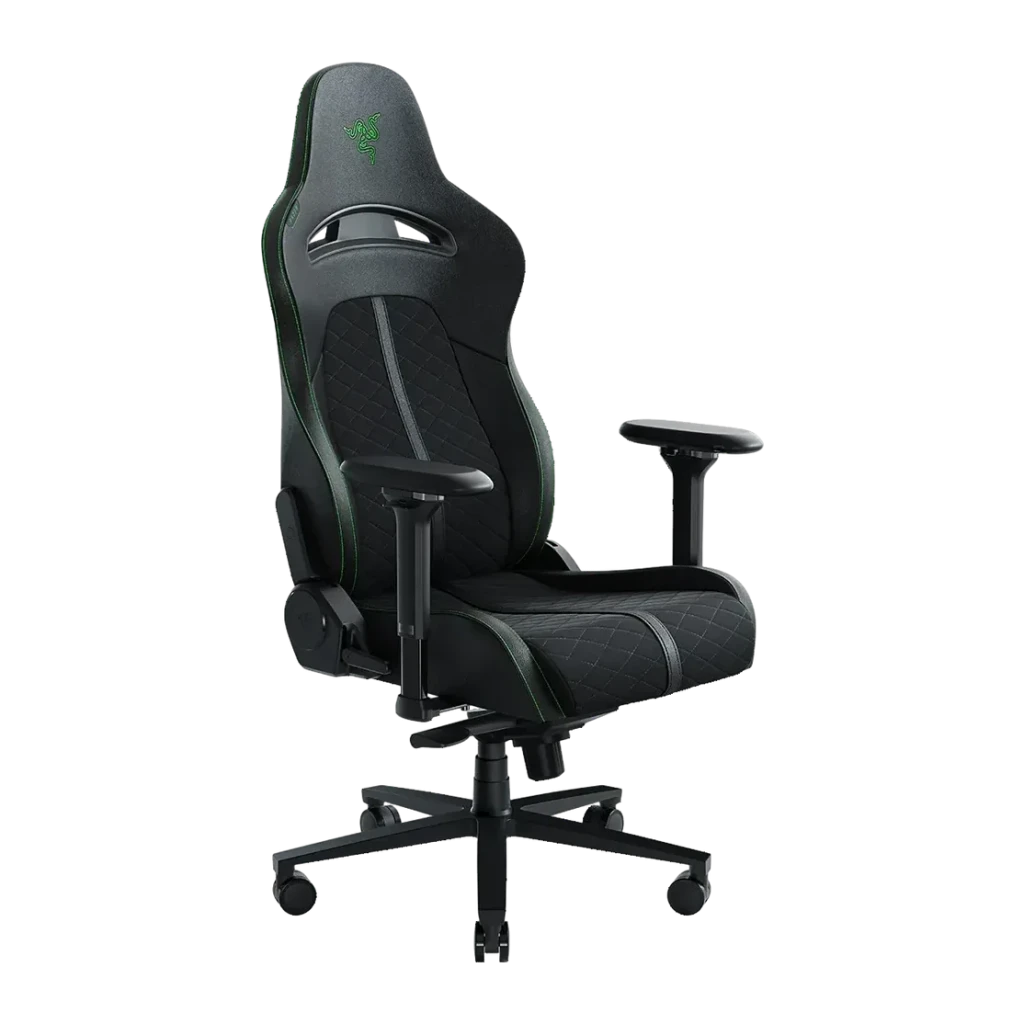 Chaise Gaming Razer Enki Noir/Vert Cuir Synthétique 4D 136kg, vue de face: dossier haut avec logo vert, surpiqûres losange