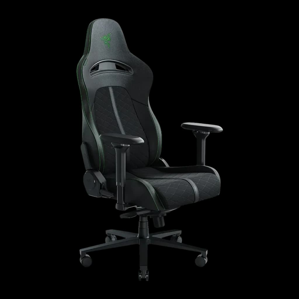 Chaise Gaming Razer Enki Noir/Vert Cuir Synthétique 4D 136kg, vue de face: dossier haut avec logo vert, surpiqûres losange
