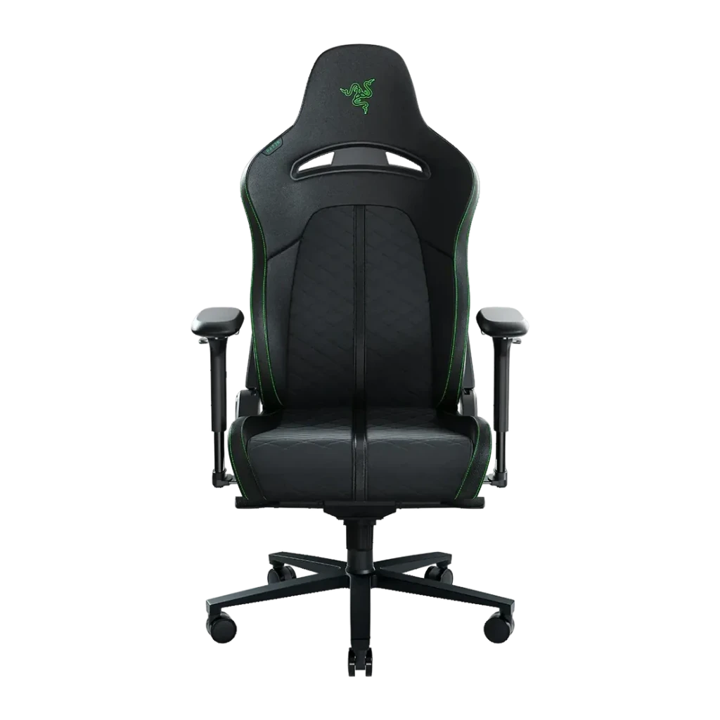 Chaise Gaming Razer Enki Noir/Vert Cuir Synthétique 4D 136kg, détail face avant: coutures vertes, logo Razer sur appuie-tête