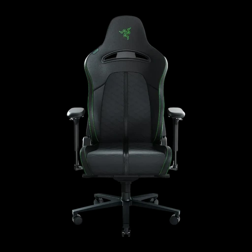 Chaise Gaming Razer Enki Noir/Vert Cuir Synthétique 4D 136kg, détail face avant: coutures vertes, logo Razer sur appuie-tête