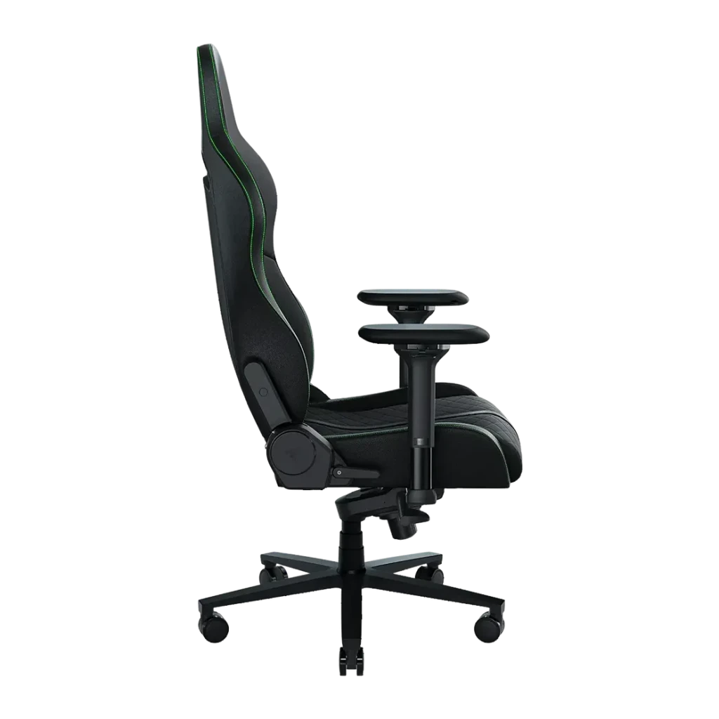 Chaise Gaming Razer Enki Noir/Vert Cuir Synthétique 4D 136kg, détail latéral: coutures vertes, accoudoir 4D et base étoile