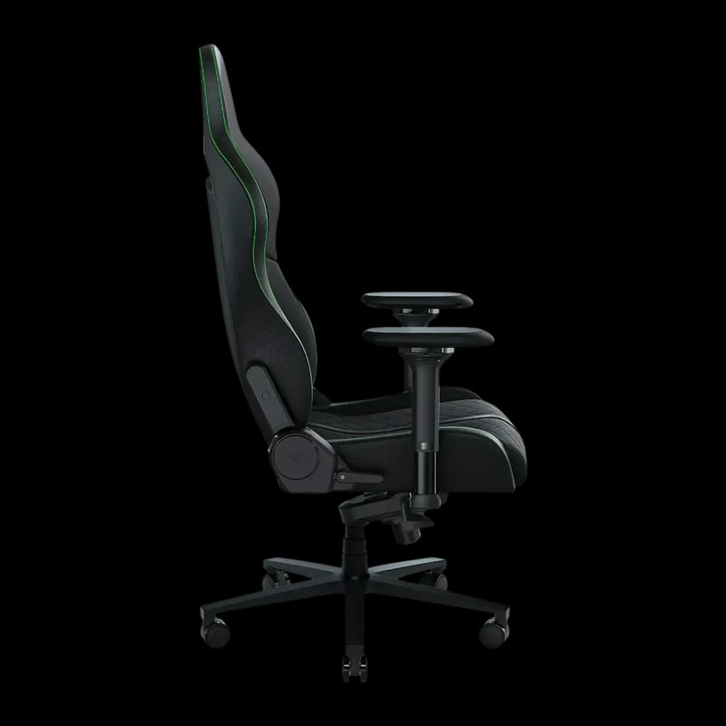 Chaise Gaming Razer Enki Noir/Vert Cuir Synthétique 4D 136kg, détail latéral: coutures vertes, accoudoir 4D et base étoile