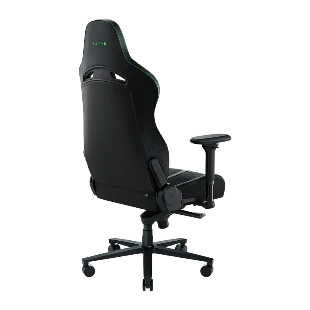 Chaise Gaming Razer Enki Noir/Vert Cuir Synthétique 4D 136kg, vue arrière: dossier avec logo vert, accoudoirs 4D et base
