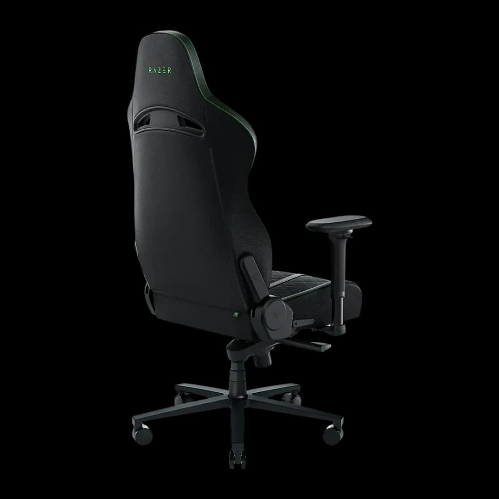 Chaise Gaming Razer Enki Noir/Vert Cuir Synthétique 4D 136kg, vue arrière: dossier avec logo vert, accoudoirs 4D et base