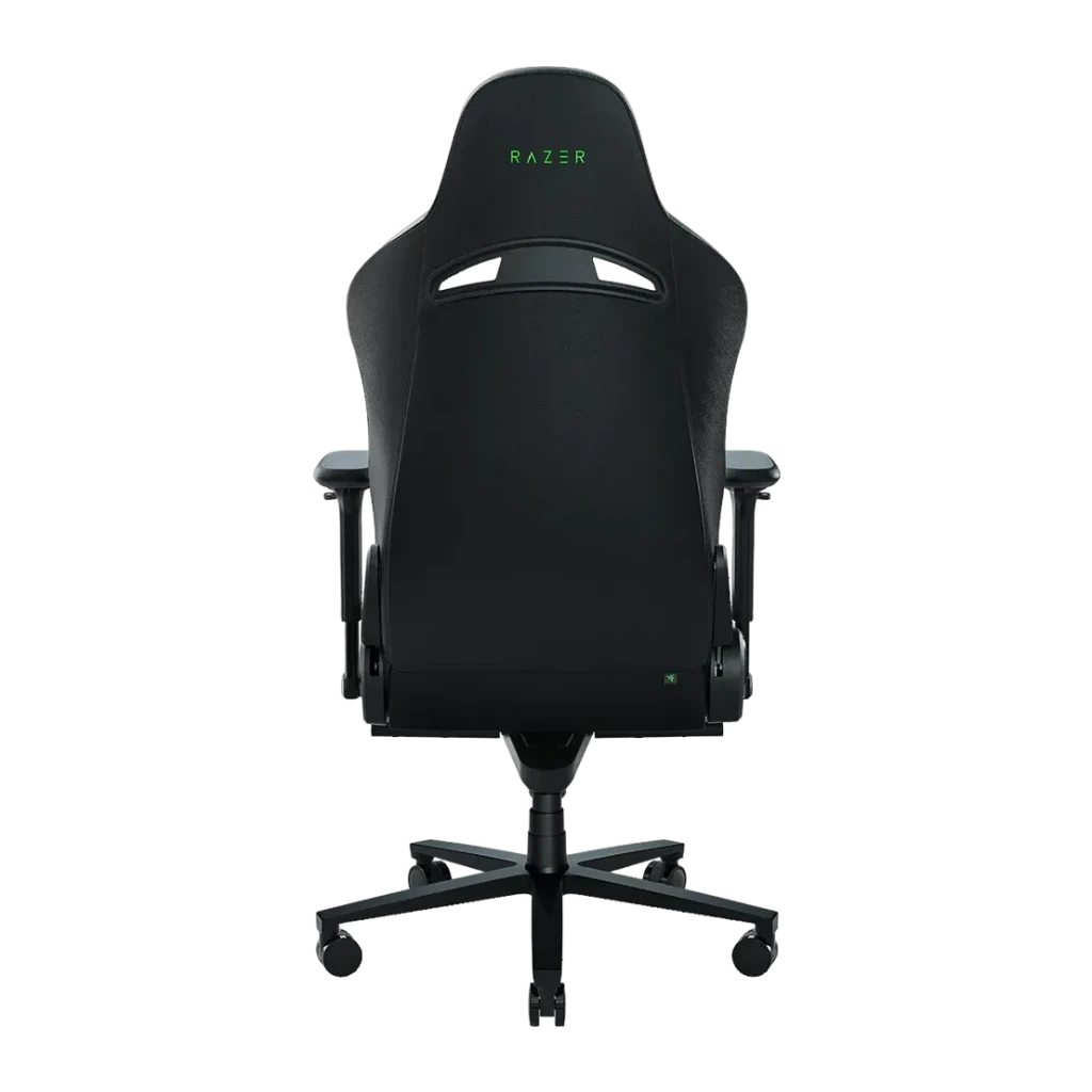 Chaise Gaming Razer Enki Noir/Vert Cuir Synthétique 4D 136kg, vue arrière: dossier avec logo vert, accoudoirs 4D et base