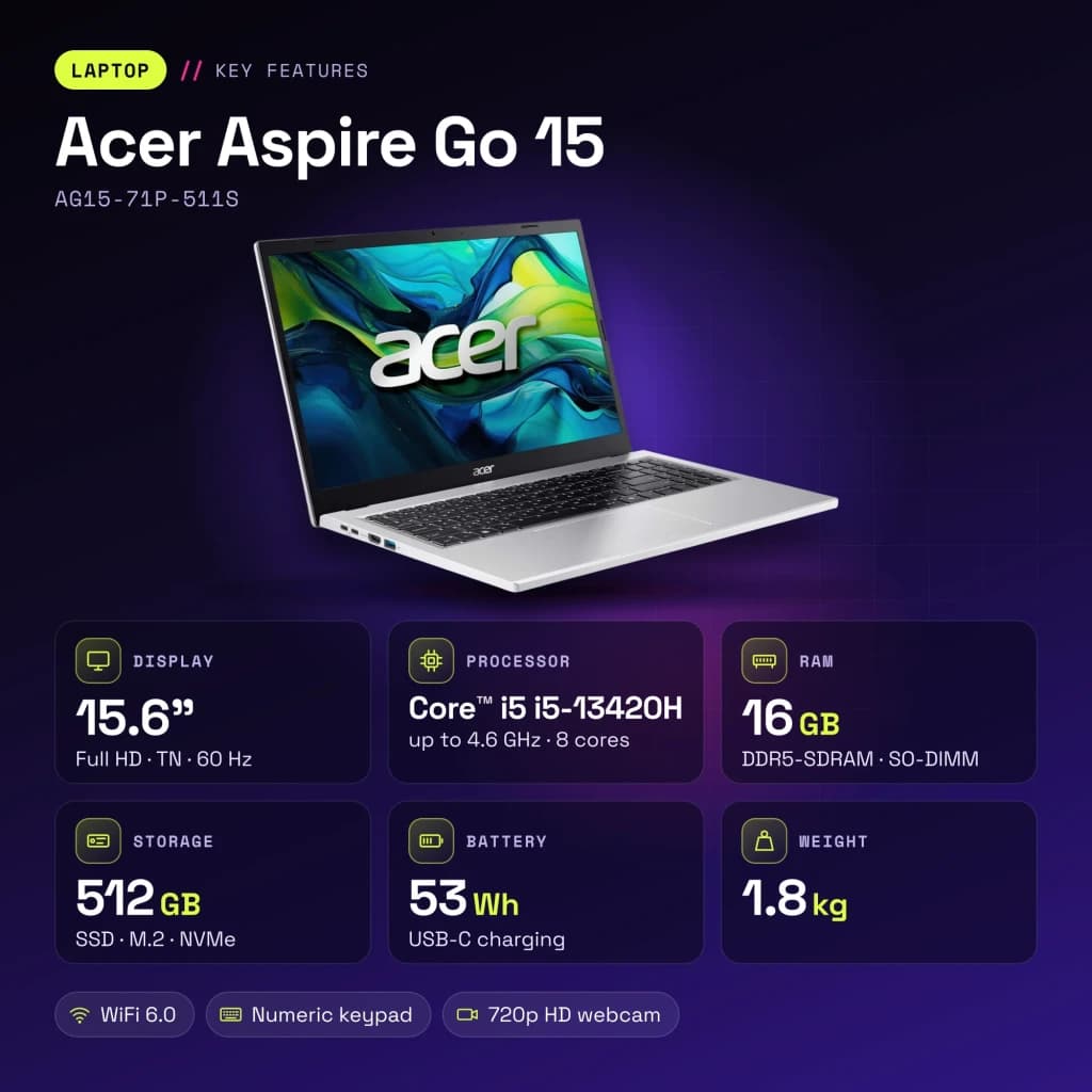 Portátil Acer Aspire Go 15 16GB/512GB 15,6 polegadas FHD Intel Core i5-13420H DDR5 SSD NVMe M.2 Windows 11 Home Prata AG15-71P-511S - características