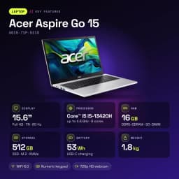 Portátil Acer Aspire Go 15 16GB/512GB 15,6 polegadas FHD Intel Core i5-13420H DDR5 SSD NVMe M.2 Windows 11 Home Prata AG15-71P-511S - características
