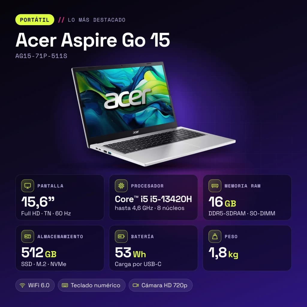 Portátil Acer Aspire Go 15 16GB/512GB 15,6 polegadas FHD Intel Core i5-13420H DDR5 SSD NVMe M.2 Windows 11 Home Prata AG15-71P-511S - características
