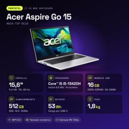 Portátil Acer Aspire Go 15 16GB/512GB 15,6 polegadas FHD Intel Core i5-13420H DDR5 SSD NVMe M.2 Windows 11 Home Prata AG15-71P-511S - características