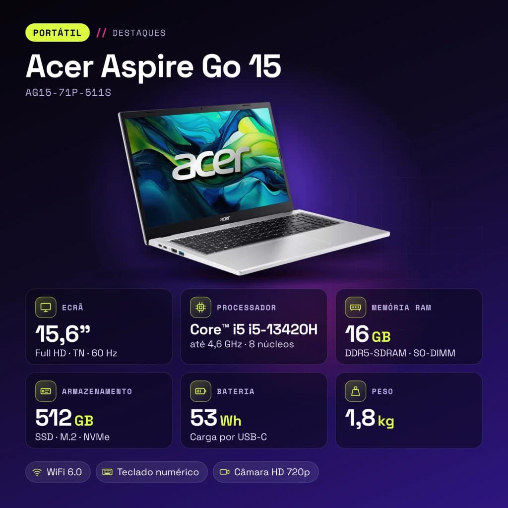 Portátil Acer Aspire Go 15 16GB/512GB 15,6 polegadas FHD Intel Core i5-13420H DDR5 SSD NVMe M.2 Windows 11 Home Prata AG15-71P-511S - características
