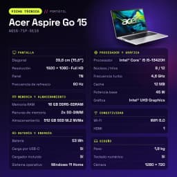 Portátil Acer Aspire Go 15 16GB/512GB 15,6 polegadas FHD Intel Core i5-13420H DDR5 SSD NVMe M.2 Windows 11 Home Prata AG15-71P-511S - características