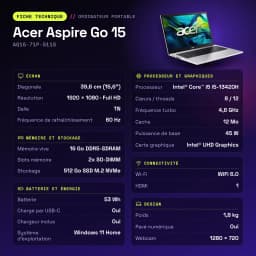 Portátil Acer Aspire Go 15 16GB/512GB 15,6 polegadas FHD Intel Core i5-13420H DDR5 SSD NVMe M.2 Windows 11 Home Prata AG15-71P-511S - características
