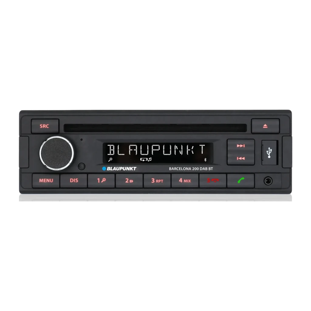 Autorradio Blaupunkt Barcelona 200 DAB BT Negro 1 DIN Bluetooth, vista frontal: pantalla LED, mando giratorio, botones rojos