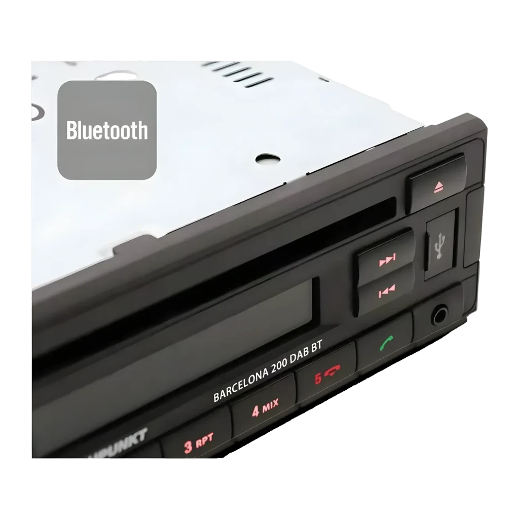 Autorradio Blaupunkt Barcelona 200 DAB BT Negro 1 DIN Bluetooth, detalle: botones de control, puerto USB y ranura de CD