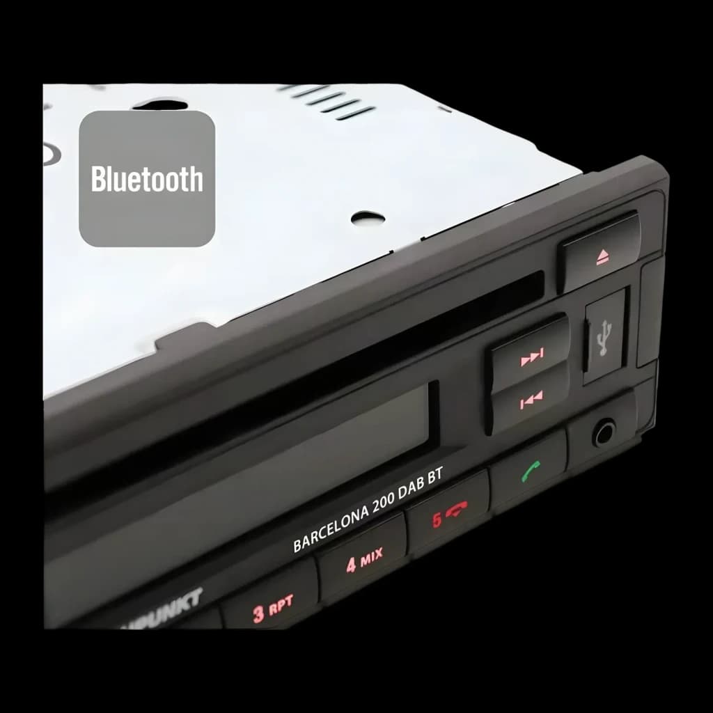 Autorradio Blaupunkt Barcelona 200 DAB BT Negro 1 DIN Bluetooth, detalle: botones de control, puerto USB y ranura de CD