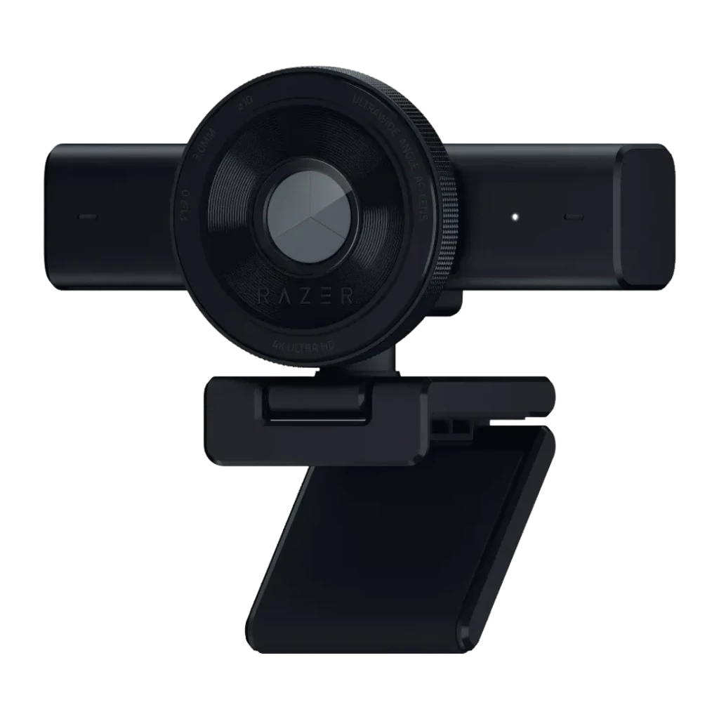 Webcam Razer Kiyo V2 4K Microphone 60fps USB-C Noir, vue de face: objectif circulaire avec bague striée, logo Razer