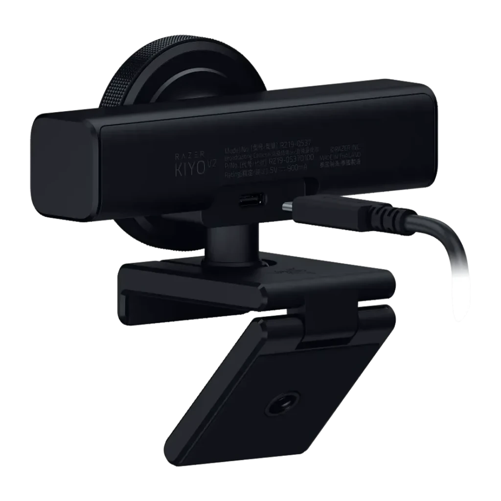 Webcam Razer Kiyo V2 4K Microphone 60fps USB-C Noir, vue arrière: port USB-C, câble et étiquette technique visibles au dos