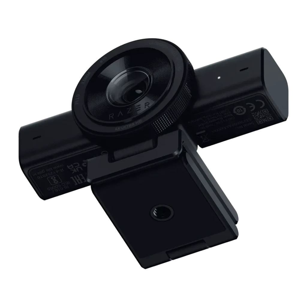 Webcam Razer Kiyo V2 4K Microphone 60fps USB-C Noir, détail: objectif grand angle 4K Ultra HD, clip de montage