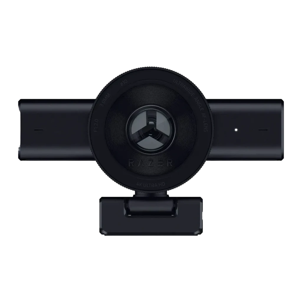 Webcam Razer Kiyo V2 4K Microphone 60fps USB-C Noir, détail face avant: objectif ultrawide F1.8 avec inscription 4K Ultra HD