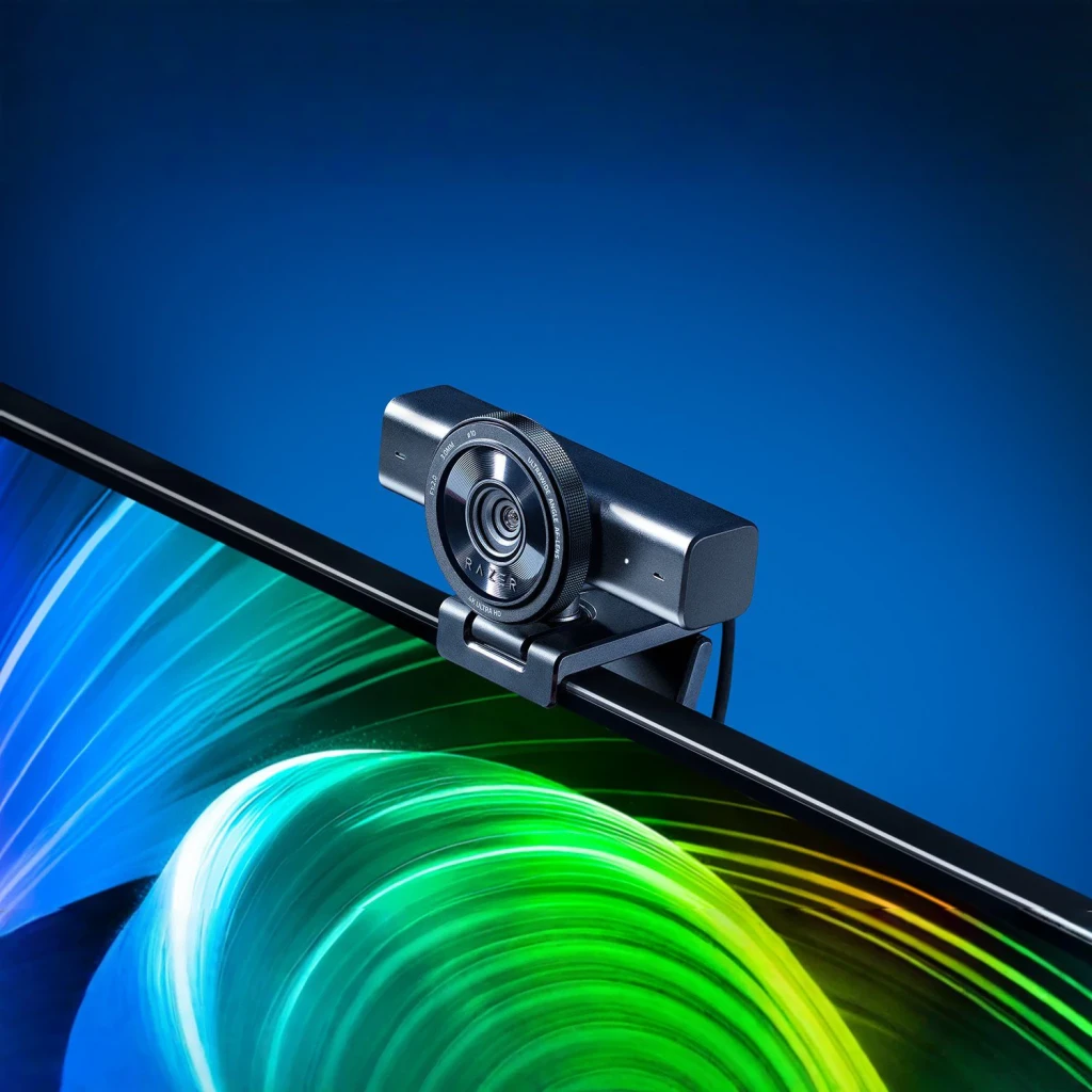 Webcam Razer Kiyo V2 4K Microphone 60fps USB-C Noir, en utilisation: fixée sur moniteur avec objectif et bague de mise